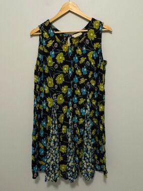 Vintage 90’s Floral Valley Sleeveless Black Floral Swing Dress Blue Lime Flowers